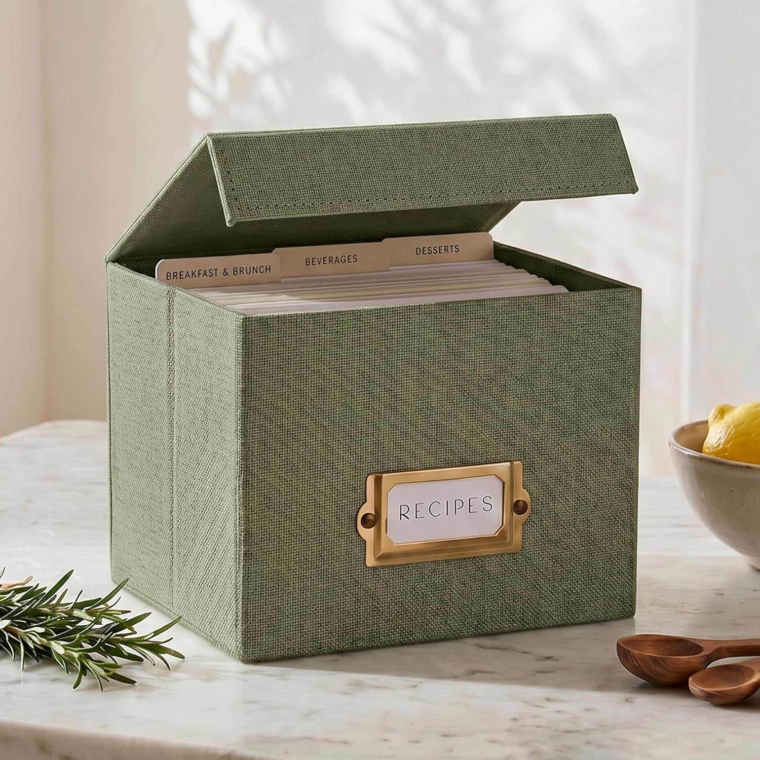 SHAANXIXIAN Beautiful Linen Recipe Box - Fits 4x6 inch Recipe Cards to Organize Up to 250 Recipes - Sturdy Card Holder and Great Gift for Any Kitchen - Cards Not Incl.