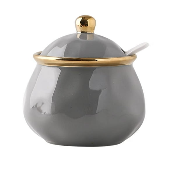 European Style Sugar Bowl With Ceramic Spoon, Sugar Container, Sugar Bowls For Countertop, Salt Container With Spoon-light grey-580ml/20.4oz