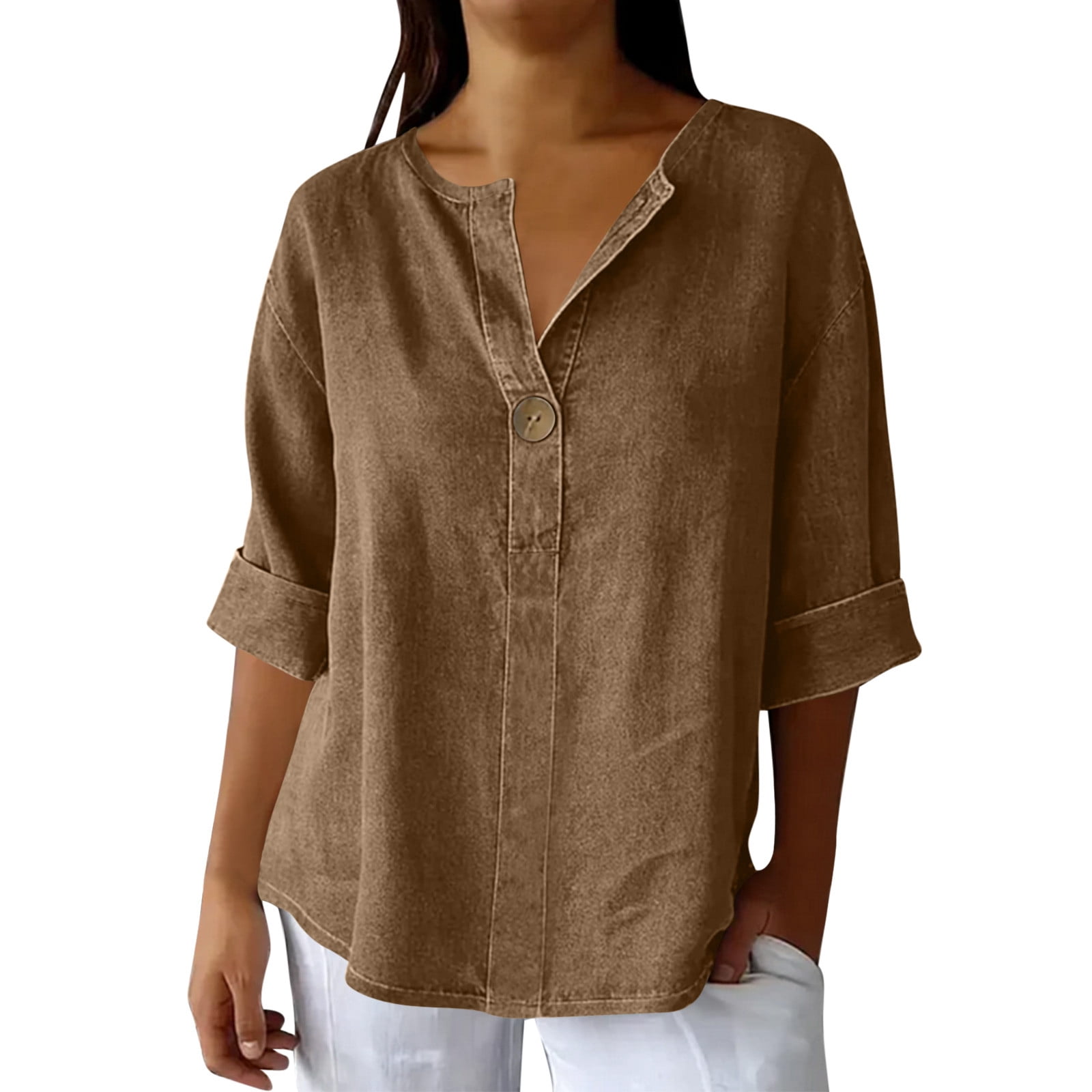 YHAJDS Women's T-Shirts Solid Color V Neck 3/4 Sleeve Relaxed Fit Casual Everyday Top