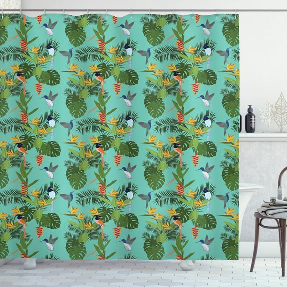 Tropic Shower Curtain, Hawaiian Theme Tropical Plants and Exotic Birds Aloha Jungle Themed, Fabric Bathroom Set with Hooks, 69W X 70L Inches, Turquoise and Multicolor, by Ambesonne