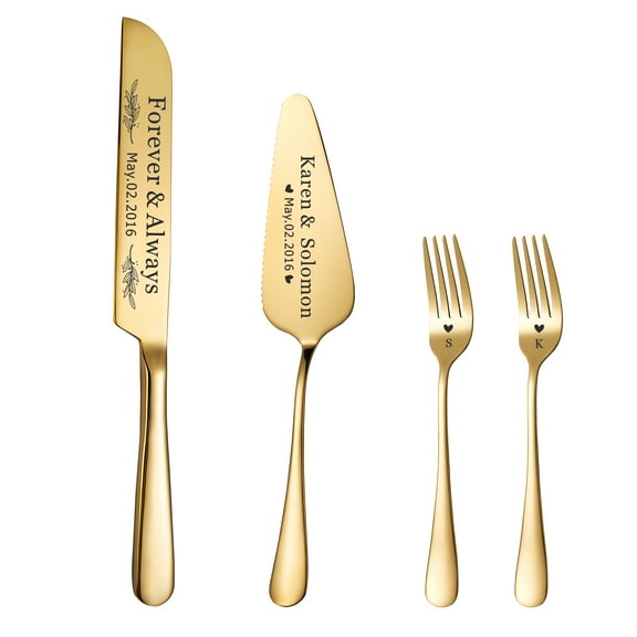 Personalized Wedding Cake Knife and Server Set, Stainless Steel Cake Cutting Set for Wedding, Gold Cake Knife Set with Forks Laser Engraved Your Text