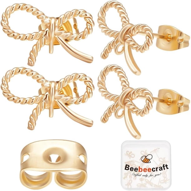 1 caja con 20 accesorios para aretes chapados en oro de 18 quilates, con lazos y 20 cierres de mariposa para hacer joyas.