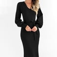 thumbnail image 4 of Styesk Robes pour Femmes Robe Chandail Col en V Manches Longues Bouffantes Ajustée Automne Hiver Robe en Tricot Côtelé, 4 of 8