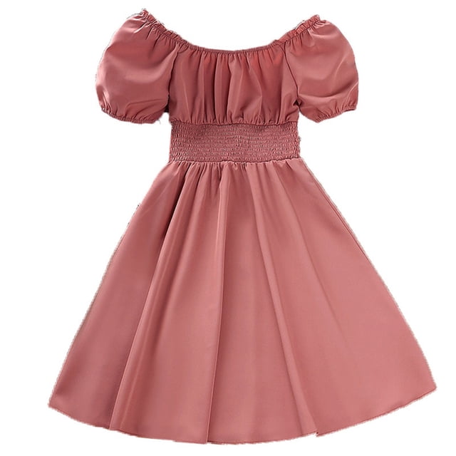 Wdgfv Girls Square Neck Dress Ruffled Puff Sleeve Smocked A Line Dresses Red 8-9 Years