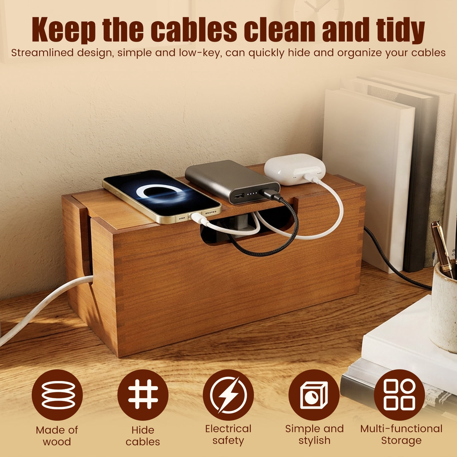 Threns Wood Cable Management Box,Wooden Cord Hider Desk Organizer for Power Strip,Electrical Hiding,TV Wires,Floor Cables,Office Under Desk Cable Storage Box for Wire,12.13 x 5.31 x 5.28 in