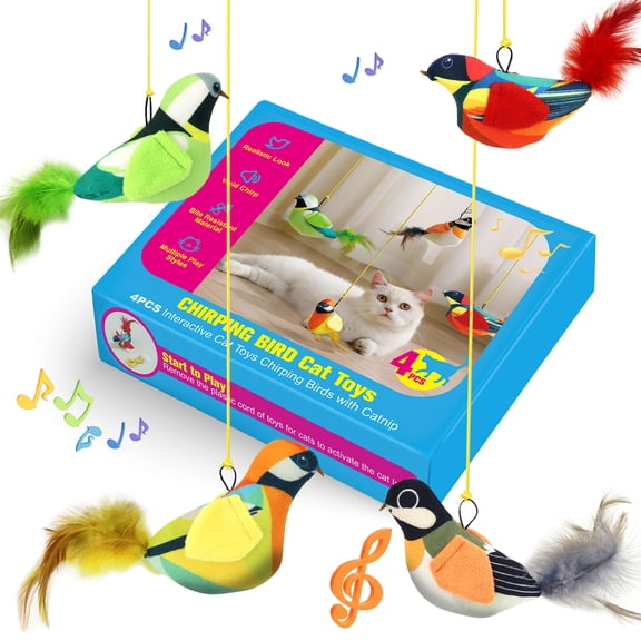 4PCS Interactive Hanging Bird Cat Toy Set - Catnip-Infused, Realistic Chirping & Tweets, Durable Safe Material, Indoor Exercise Toy for Kittens/Kitty