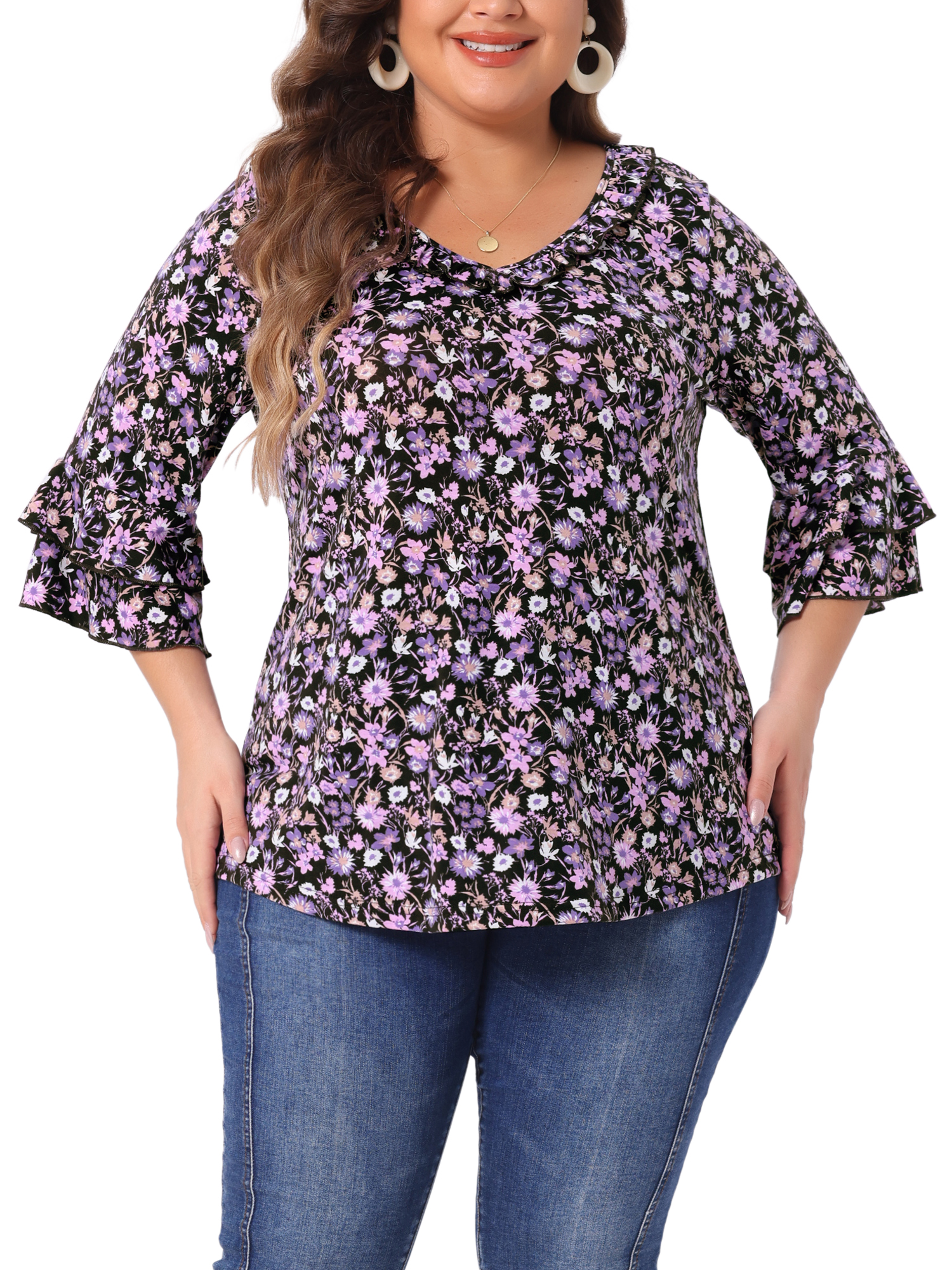 DARING DIVA Women's Plus Floral V Neck Tiered Ruffle Bell Sleeve Blouse 1X Purple