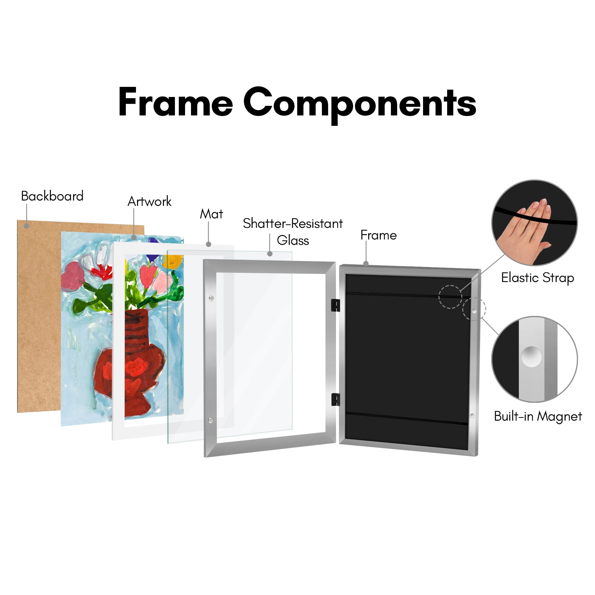 Americanflat 10x12.5 Kids Art Frame with 8.5x11 Mat Holds 100 Art Pieces Magnetic Letter Size Display Mini - Silver