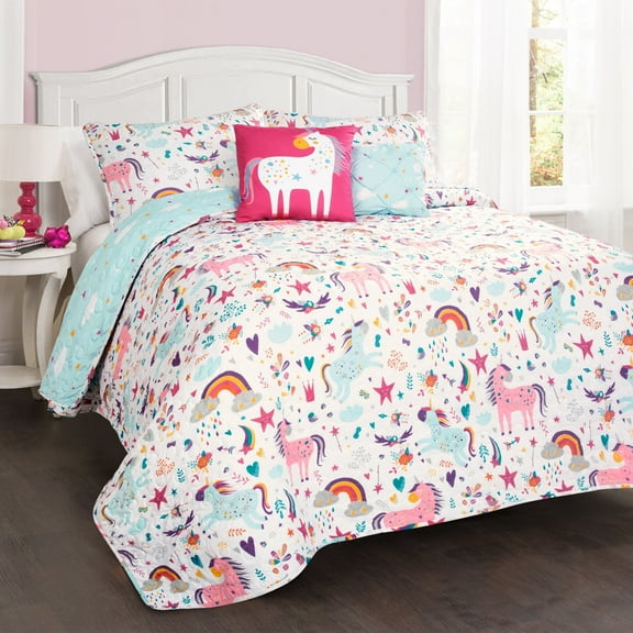 Lush Decor Unicorn Heart Kids Animal Print Reversible Quilt, Twin, White/Multi, 4-Pc Set