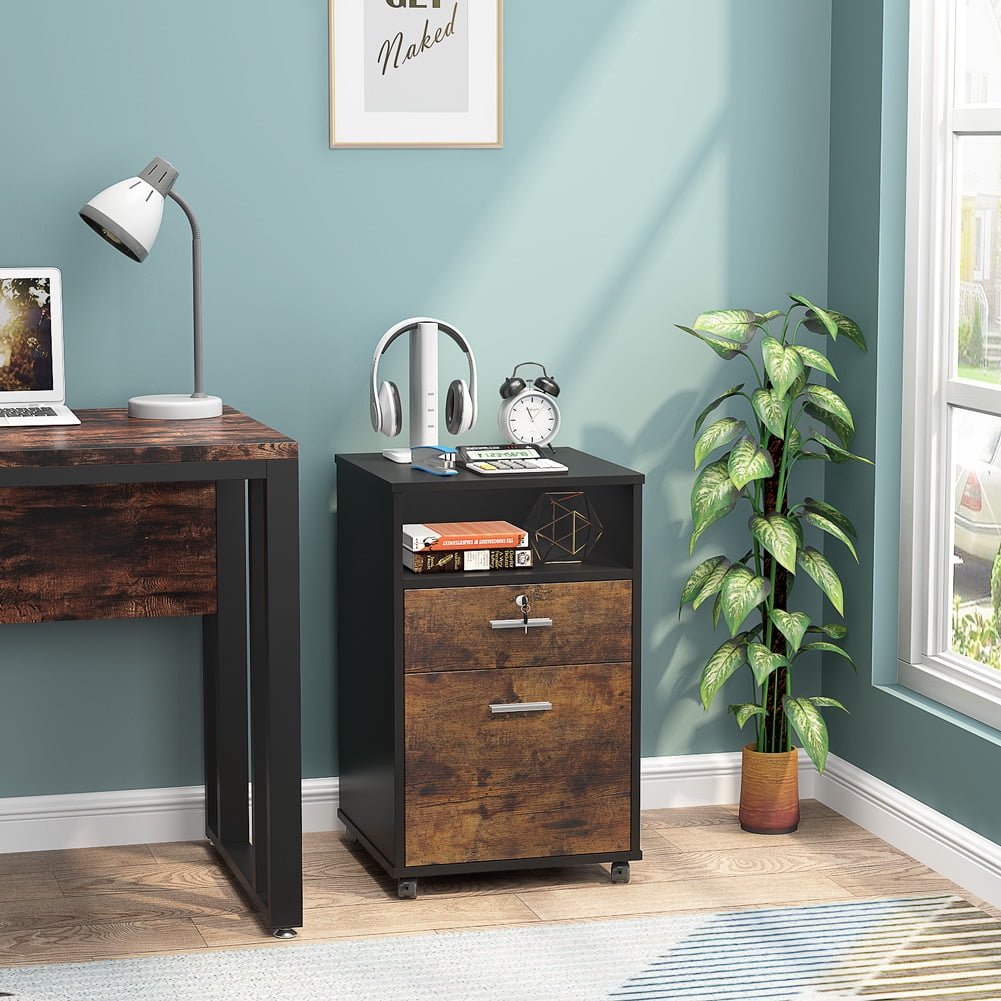 Tribesigns 2 Drawer Mobile File Cabinet with Lock, Wood Rustic Filing Cabinet for Letter Size, Printer Stand with Rolling Wheels and Open Storage Shelf for Home Office (Brown)