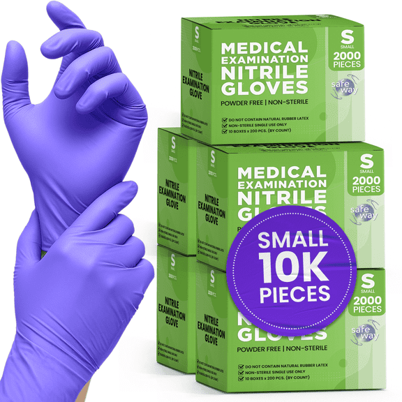 SAFEWAY USA Nitrile Gloves Disposable — Textured Fingertips, Non-Latex, Powder-Free and Multi-Purpose and Ambidextrous Design for House Cleaning, Food Prep, Esthetician and More —(10000 pcs, Small)
