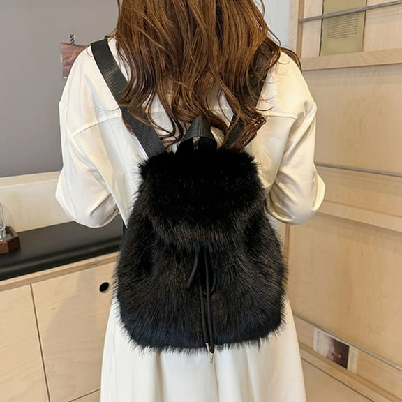 KGJQ Small Faux Rabbit Fur Backpack, Drawstring Plush Shoulder Bag, Soft Fluffy Casual Backpack for Women