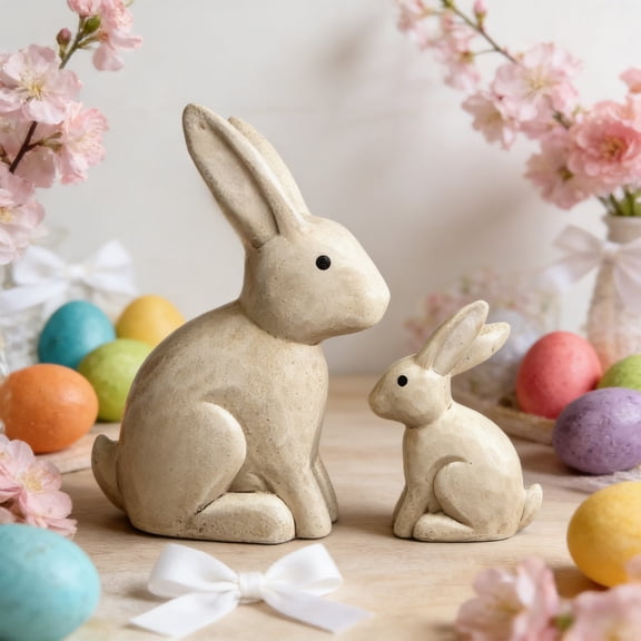 Easter Wood-Look Resin Bunny Figurine Set – 2pcs Rustic Rabbit Sculptures for Coffee Table, Shelf, Desktop or Nursery Decor, Minimalist Woodland Home Ornament