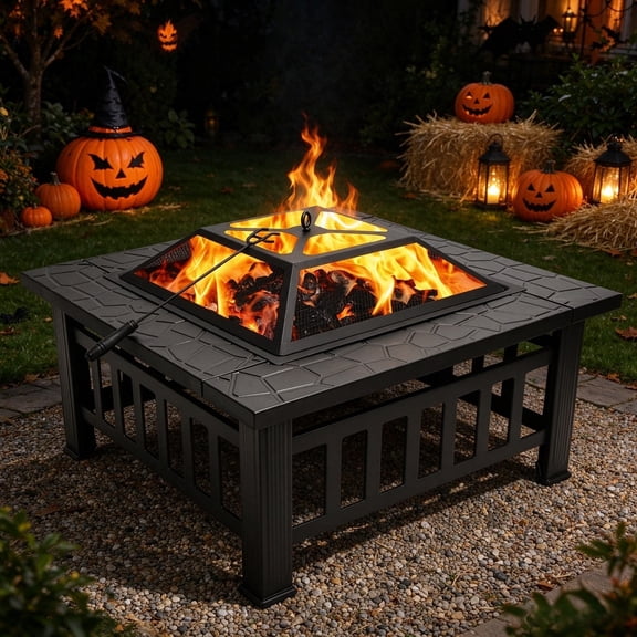 Zimtown Wooden 32in Metal Fire Pit for Patio, Garden, Halloween Party, and Camping, Square