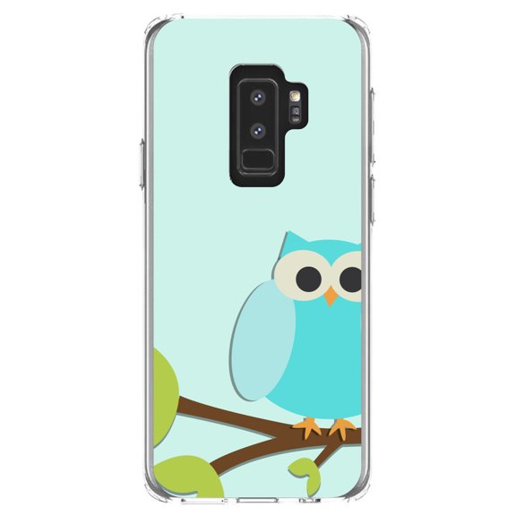 DistinctInk Clear Shockproof Hybrid Case for Samsung Galaxy S9  PLUS (6.2" Screen) - TPU Bumper, Acrylic Back, Tempered Glass Screen Protector - Blue Owl Cartoon - Cartoon Owls