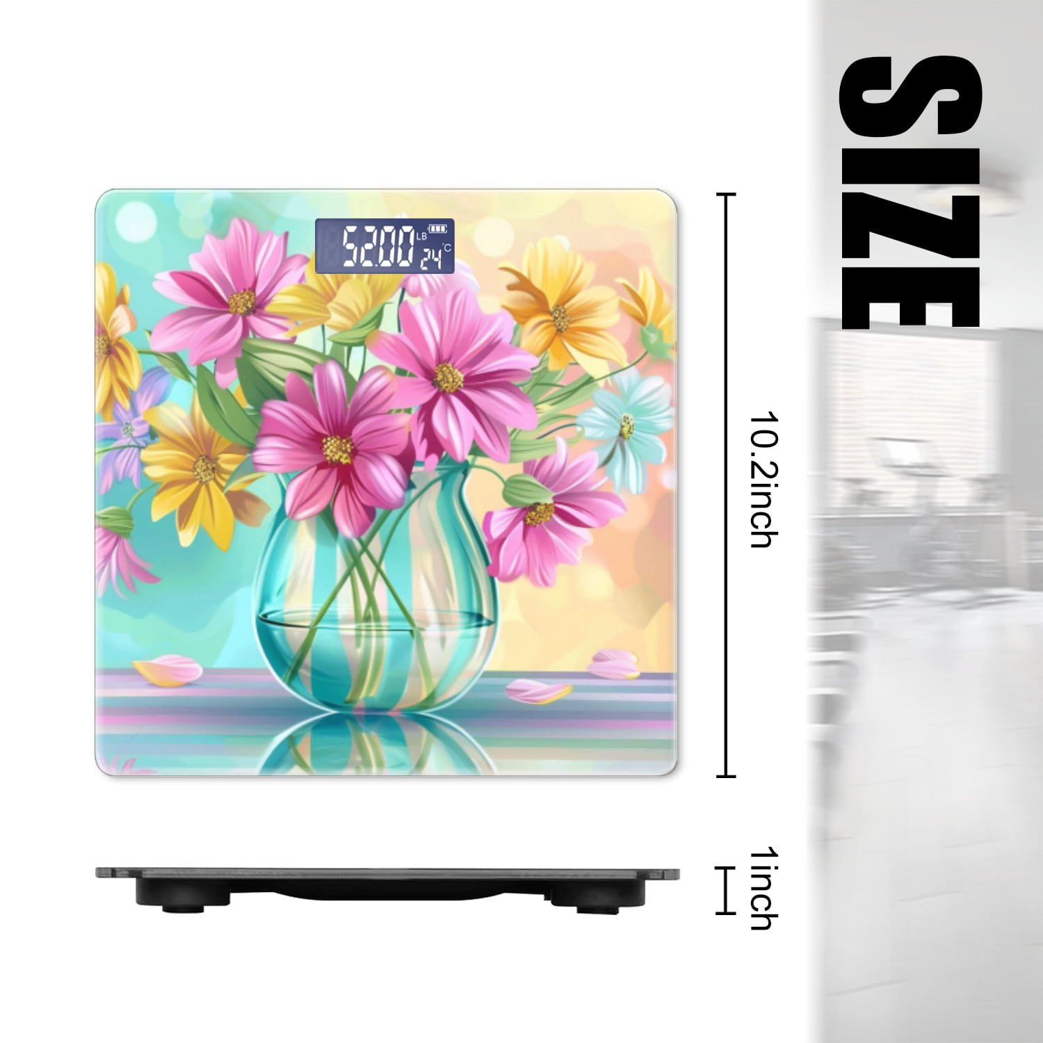 Bathroom Scale, Highly Accurate Digital Body Scale,Precisely Measures Weight up to 400 lbs-Colorful Flowers In Glass Vase On Table With Blurred Background