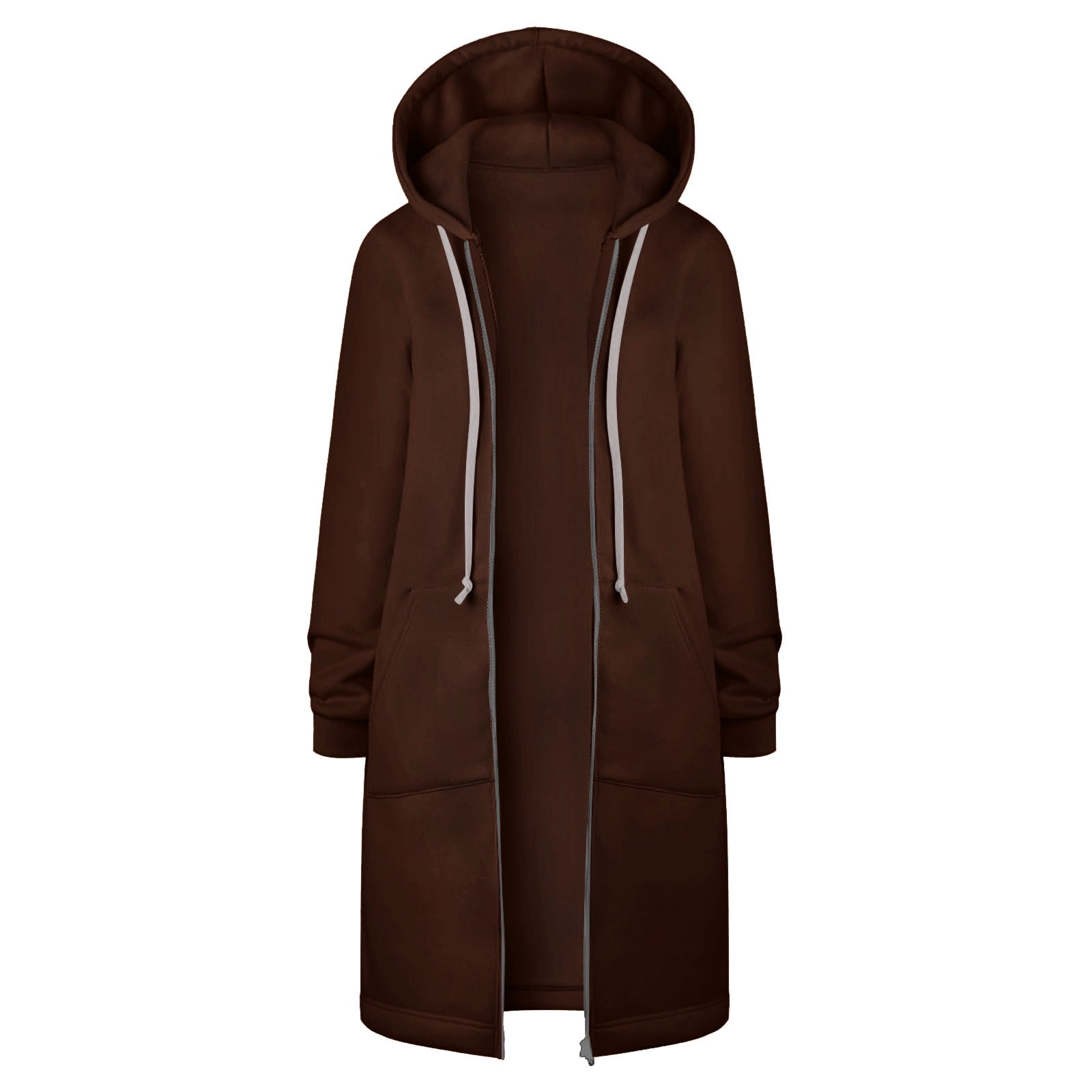 Scyoekwg Long Coats for Women Overcoat Long Sleeve Hooded Neck Coat Solid Color Casual Jacket Plus Fleece Insert Pocket Hooded Zipper Mid Length Sweater Coffee S