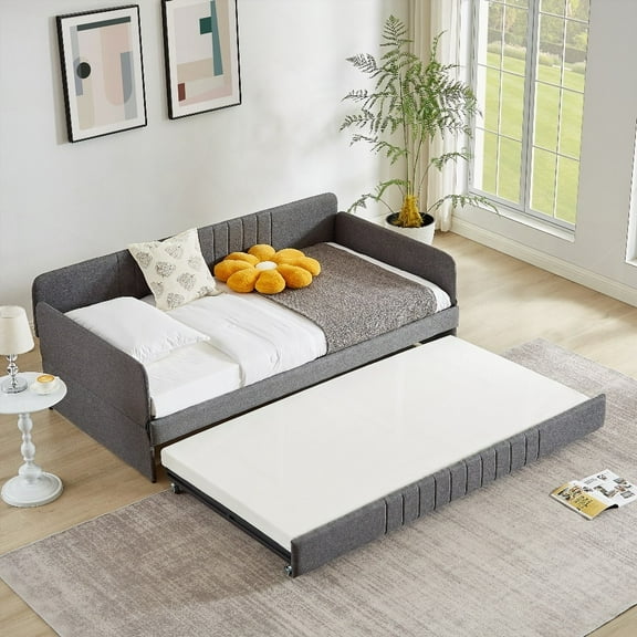 Grey Daybed with Metal Frame and Trundle Twin Size, 78.4''L x 41''W x 29.8''H, Space Saving Two-in-One, Sturdy Iron