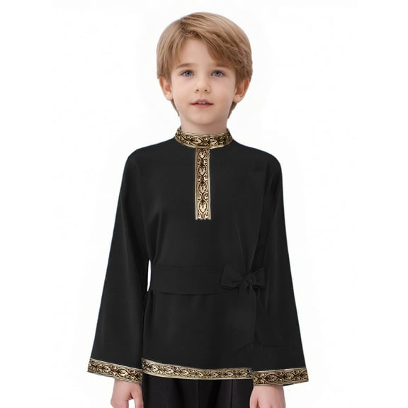iiniim Boys Traditional Folk Shirt Embroidered Bell Sleeve Tunic Top for Carnival Festival Black 10