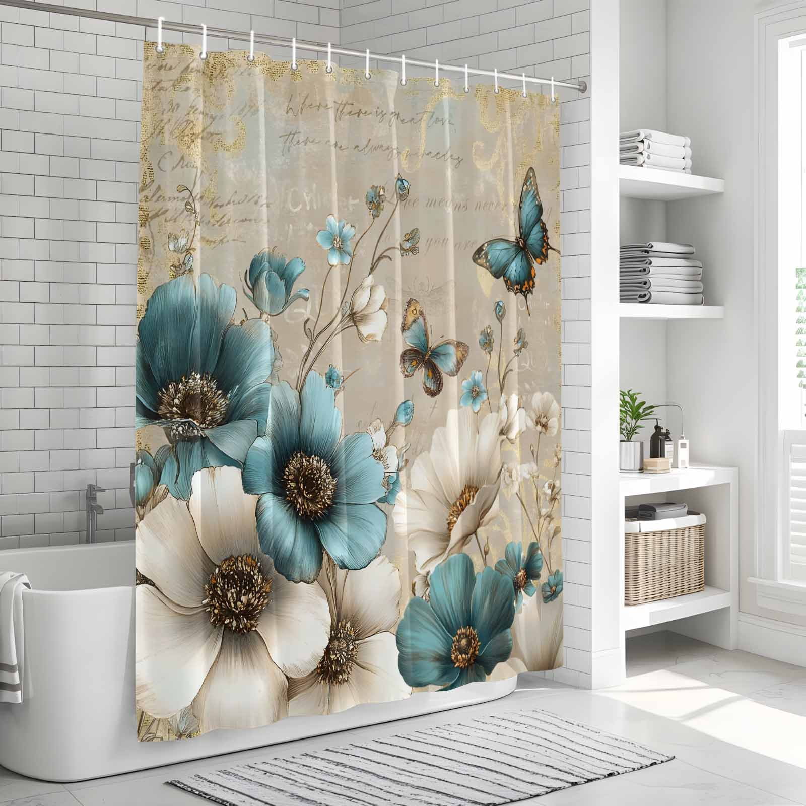 Teal Tulip Butterfly Shower Curtain, Waterproof Shower Curtains for Bathroom, Beige Turquoise Floral Vintage Rustic Washable Fabric Bathtub Curtain Set Bath Decor with 12 Hooks 48"x72"