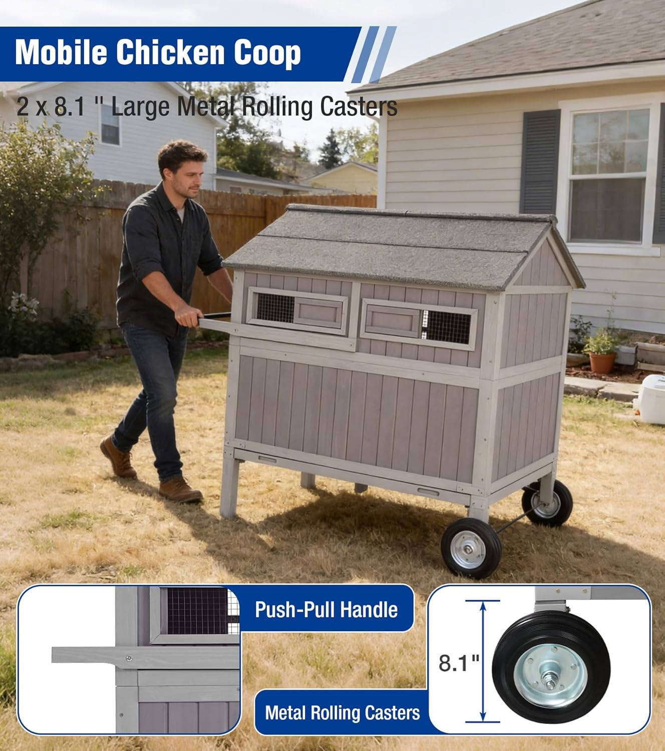 Aivituvin Large Chicken Coop with Wheels for 6-8 Chickens, Large Outdoor Duck Coop Hen House with Weatherproof Asphalt Roof, Nesting Box, Pull-Out Tray, 51.6" L x 41" W x 51.2" H