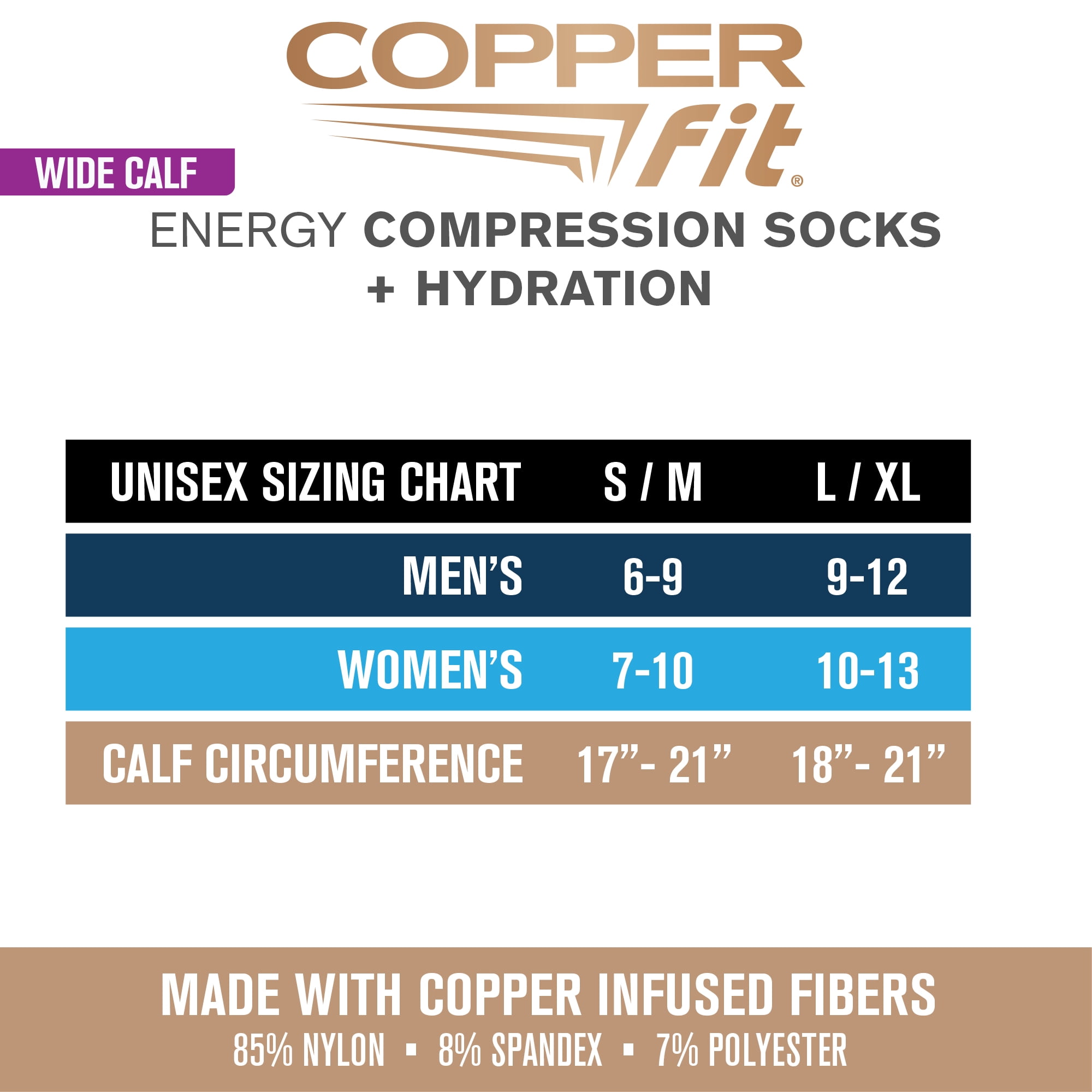 Copper Fit Compression Socks, Wide Calf, Silky-Soft, Hydrating, Unisex, Black, L/XL