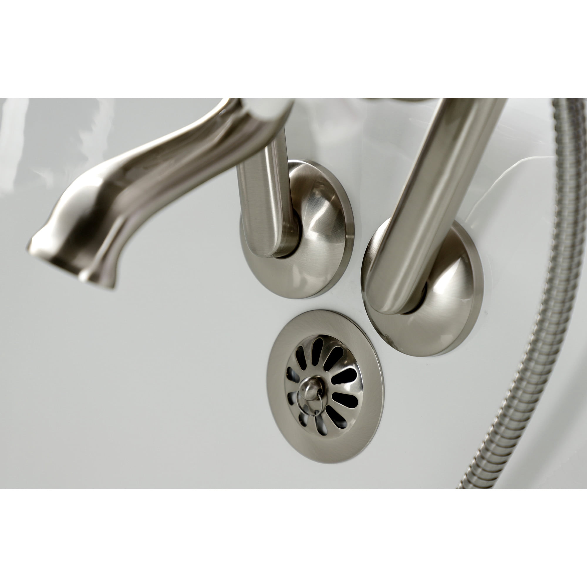 Kingston Brass KS269PXSN Kingston Three-Handle 2-Hole Tub Wall Mount Clawfoot Tub Faucet with Hand Shower in Brushed Nickel