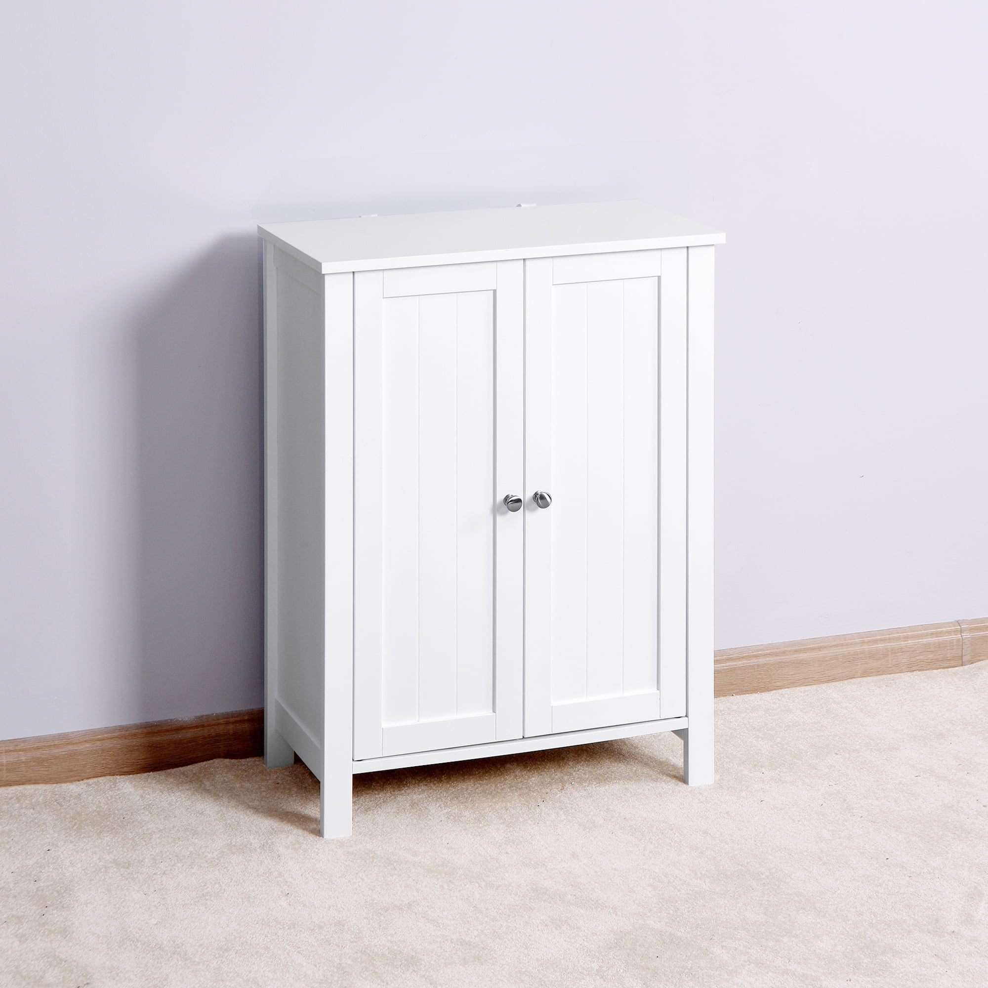 MAYEERTY White Bathroom Floor Storage Cabinet with Double Door & Adjustable Shelf