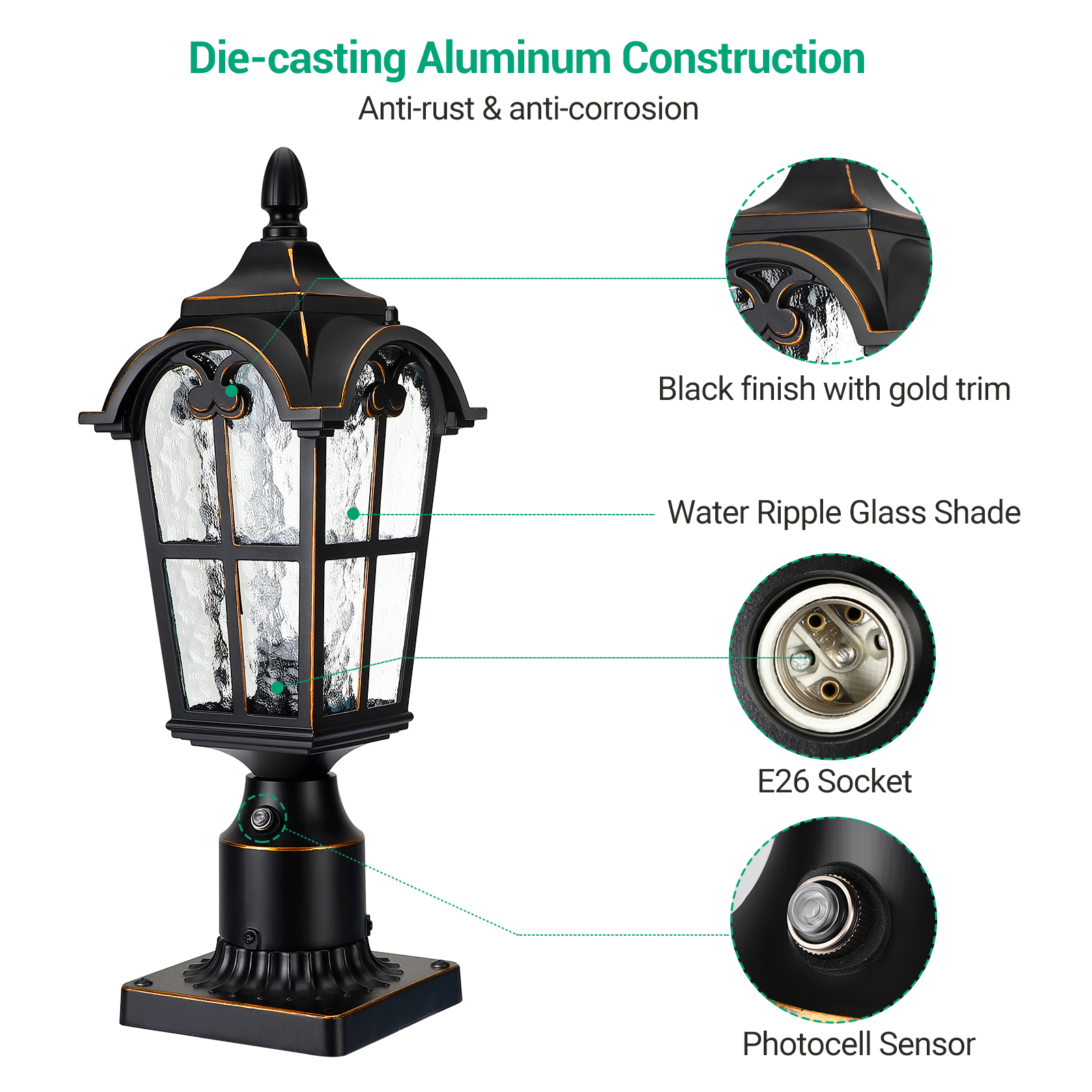 EDISHINE Outdoor Post Light Dusk to Dawn Photocell Sensor with Pier Mount  Base,Die-casting Aluminum Post Lamp with Glass Shade Weatherproof E26 Base 