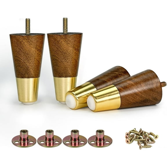 4 Inch Wooden Furniture Legs with Gold Cap Set of 4 Dark Brown Sofa Replacement Solid Wood Furniture Feet for Armchair Couch Cabinet Dresser Ottoman TV Stand Bed Legs (4inch) Dark Brown 4inch