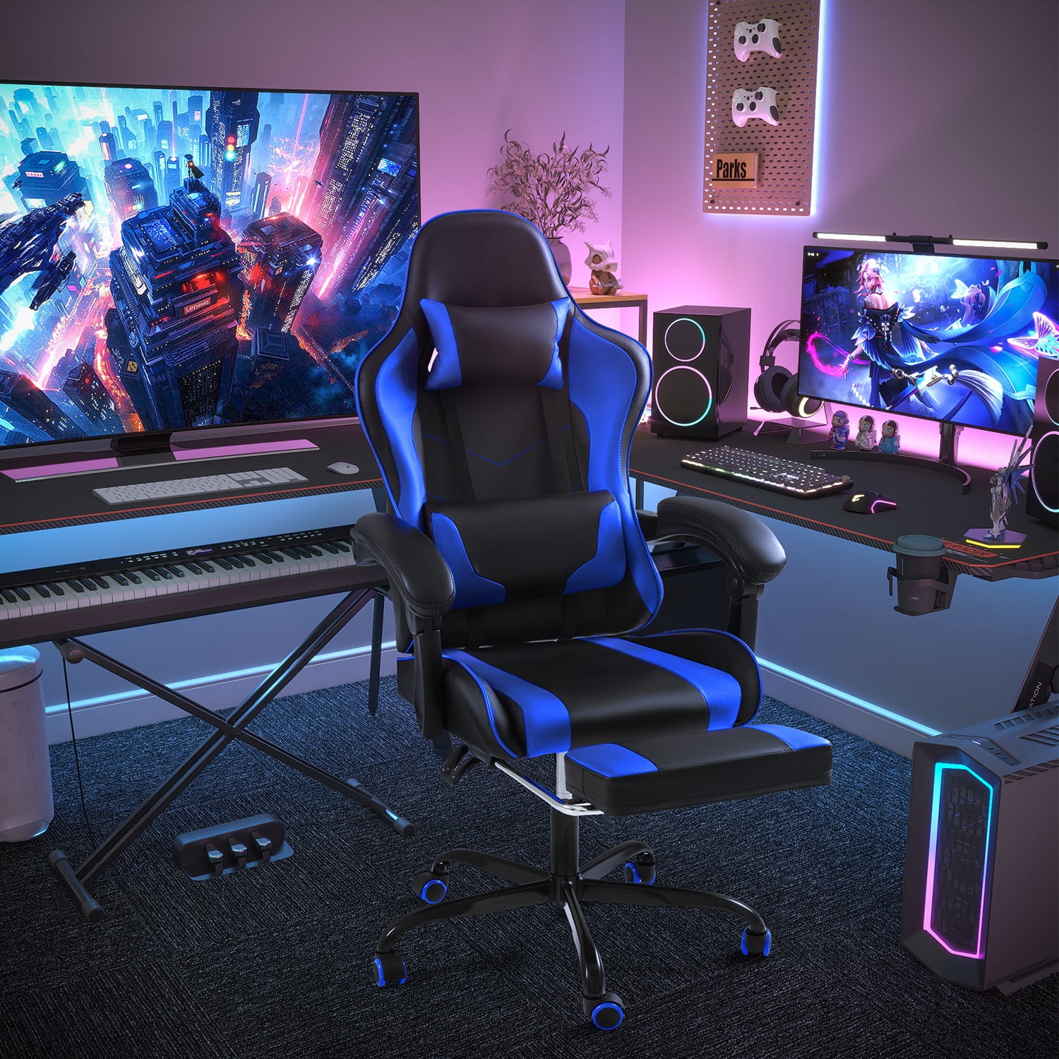 Homall PU Leather Gaming Chair Massage Ergonomic Gamer Chair Height Adjustable Computer Chair with Footrest & Lumbar Support, Blue