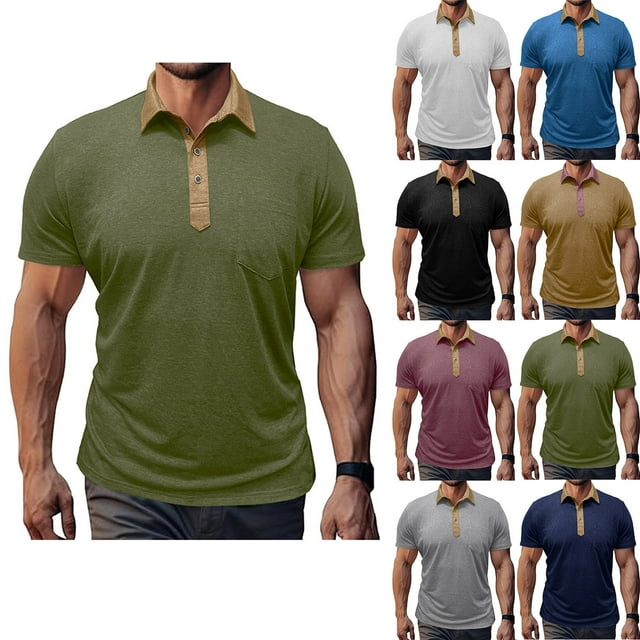 Fanxing Mens Golf Shirts Short Sleeve Blue Classic Contrast Collar T Shirts L