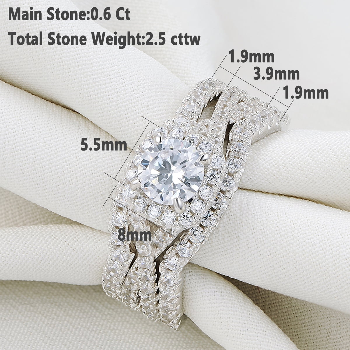 Newshe Engagement Wedding Ring Setss for Women 925 Sterling Silver 3pcs Round White AAAAA Cz Size 8