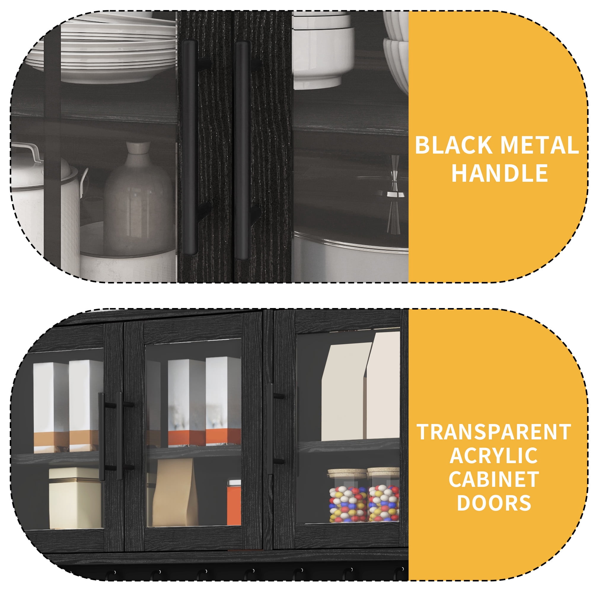 DWVO 71" Tall Kitchen Pantry Storage Cabinet with Power Outlet, Freestanding Cupboard Storage Buffet Hutch with Microwave Stand, Storage Pantry with Drawers & Glass Doors, Black