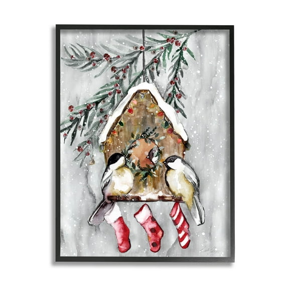 Stupell Industries Holiday Stockings Birdhouse Perched Graphic Art Black Framed Art Print Wall Art, Design by Stella Chang