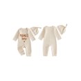 thumbnail image 2 of Loicainy Newborn Infant Boy Fall Romper 3 6 9 Months Waffled Letter Embroidery Long Sleeve Crew Neck Full Length Jumpsuit with Hat 2 Piece Set, 2 of 9
