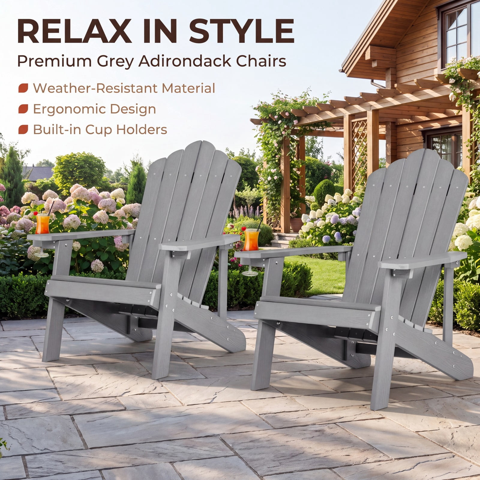 Furnibear Weather Resistant HIPS Outdoor Adirondack Chair with Hidden Cup Holder and High Backrest for Garden Patio and Poolside, Gray