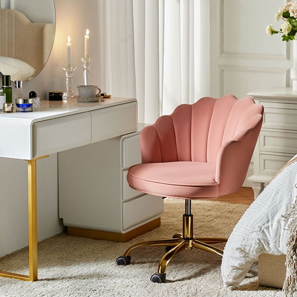 Makeup Vanity Chair Upholstered Velvet Office Task Desk Chair Swivel Adjustable Pink