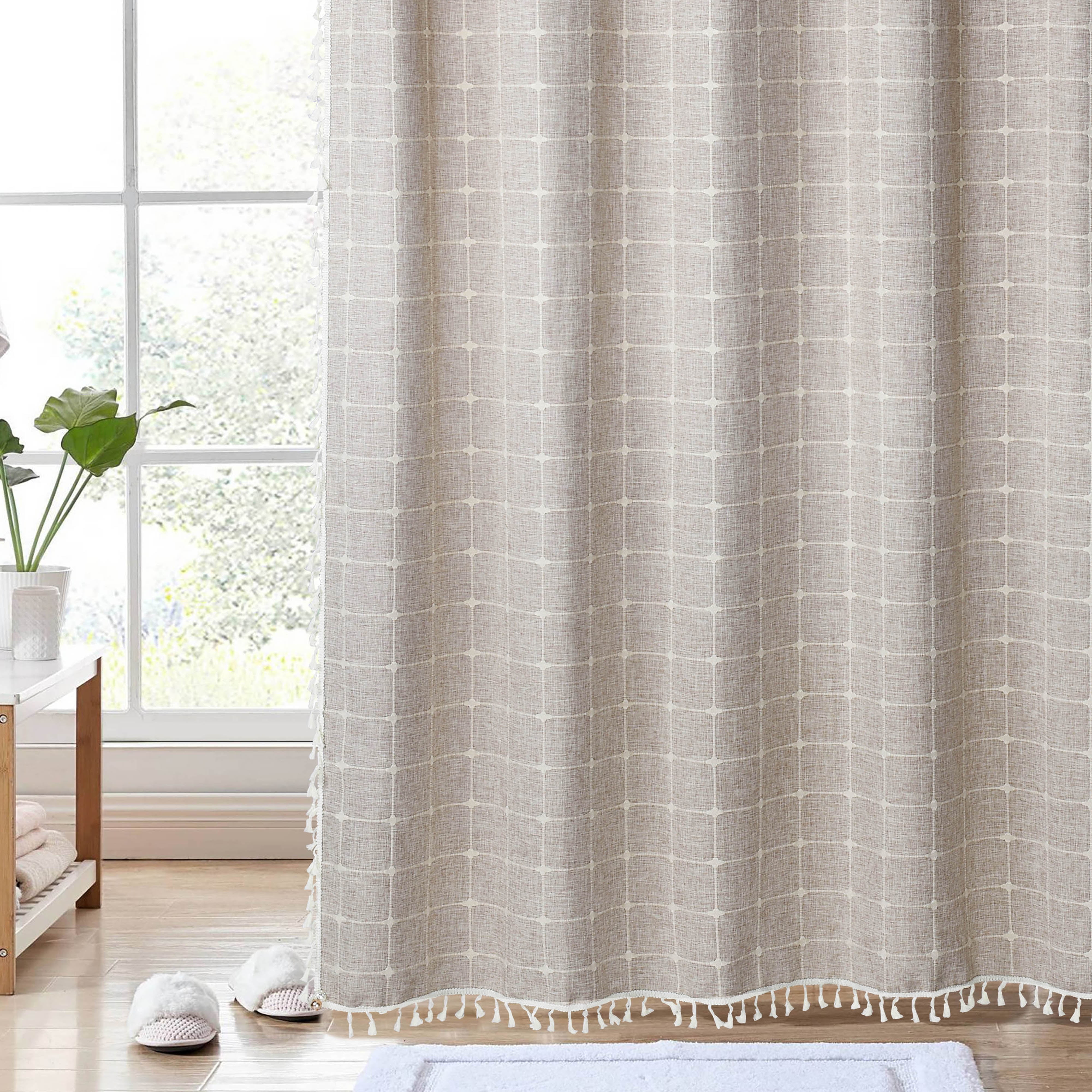 EvJk 1PC Modern Waterproof Plaid Shower Curtains with Tassel for Bathroom, 72" x 72", Taupe