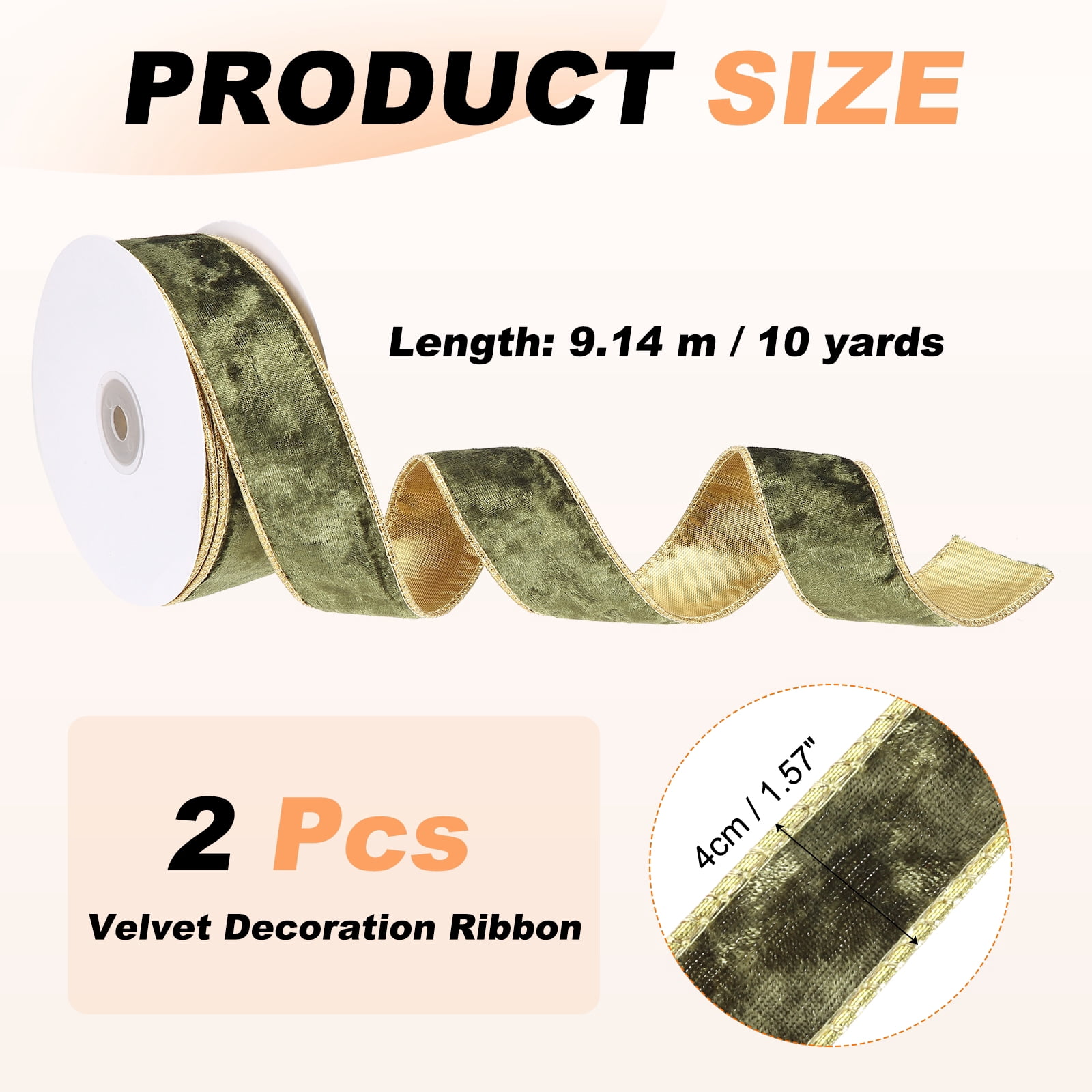 Uxcell Velvet Wired Ribbon, (1.6 Inch x 10 Yards, 2 Pcs)(Light Green) Velvety Gold Crushed Ribbons Gift Wrapping Binding, Suit For- Crafts/Bow/Wreaths/Christmas Tree Decoration