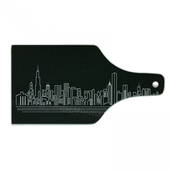 Chicago Skyline Cutting Board, Line Abstract Style Urban Silhouette of Popular American Town Office Print, Tempered Glass Cutting and Serving Board, Wine Bottle Shape, Onyx White, by Ambesonne