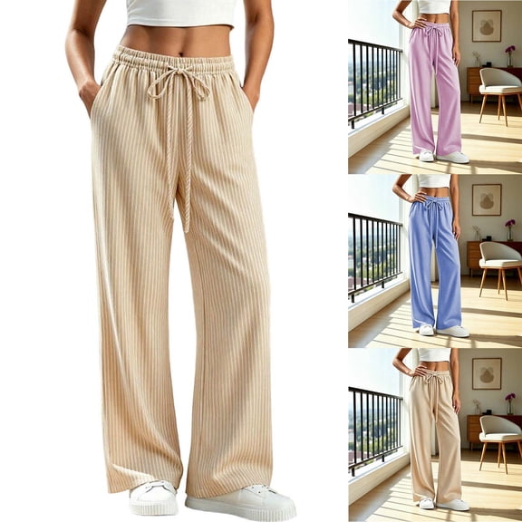 ZZwxWA Pants for Women Casual Striped Loose Drawstring High Waist Straight Trousers Daliy Workout Outgoing Versatile