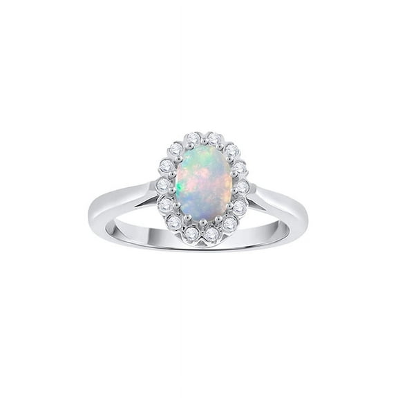 Bezel Set Diamond and Oval Cut Opal Halo Ring in 10K White Gold (1/2 cttw, G-H, I2-I3)