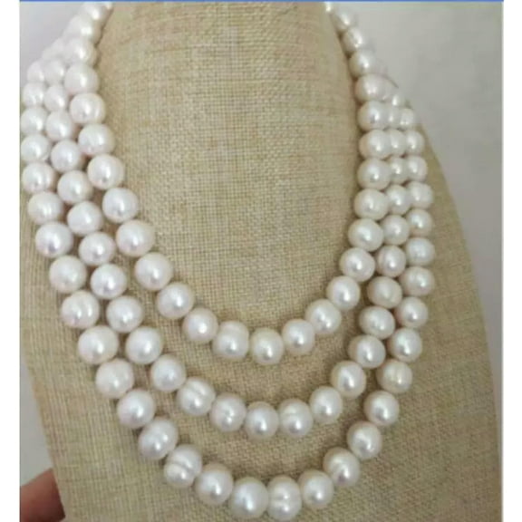 EOEMY Triple Strands South Sea Aaa 10-11mm White Pearl Necklace 14K Clasp 18" 20" 22"