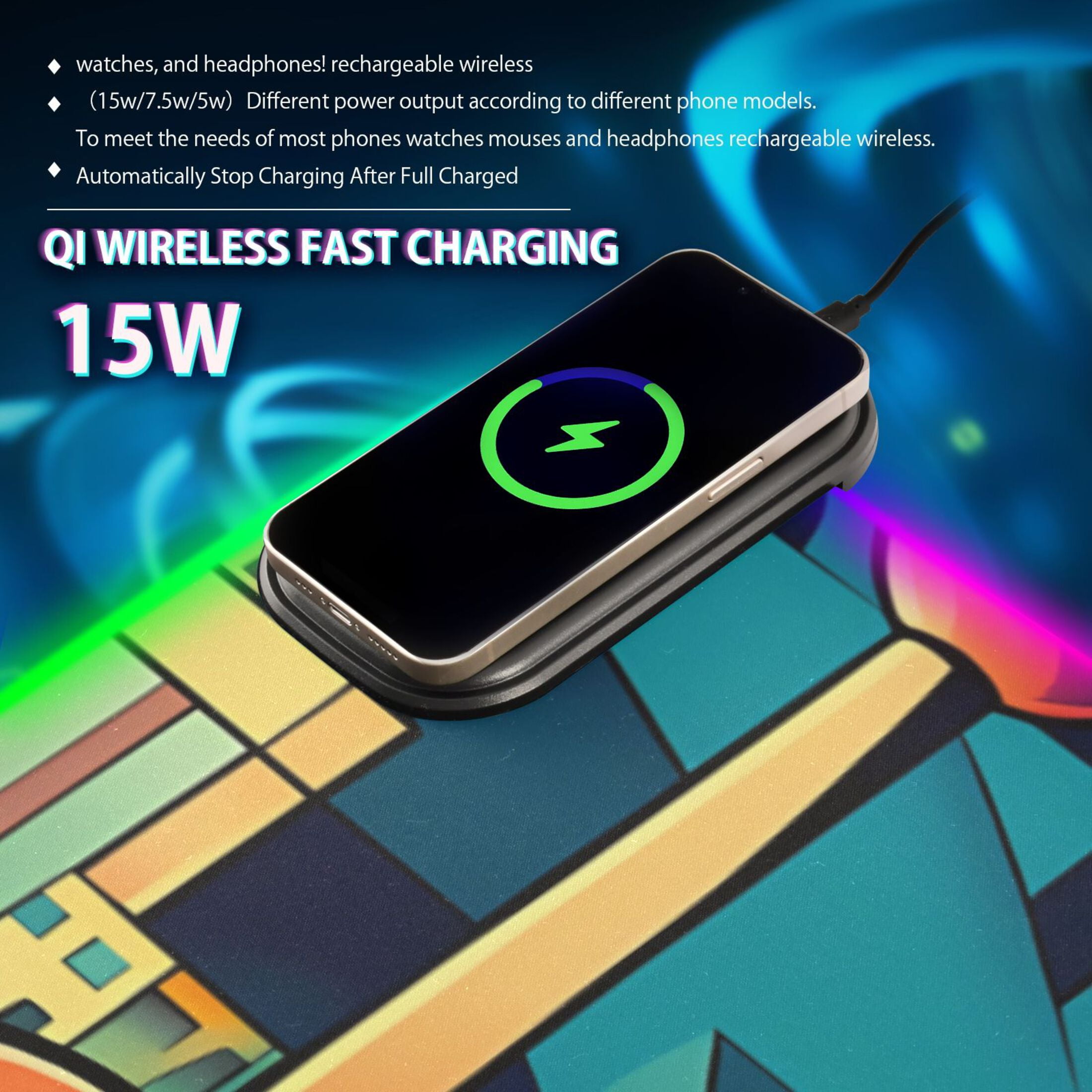 Wireless Charging Mouse Pad Large RGB Gaming Desk Mat 13 Light Modes Mousepad 31.5x11.8 Abstract Skyline