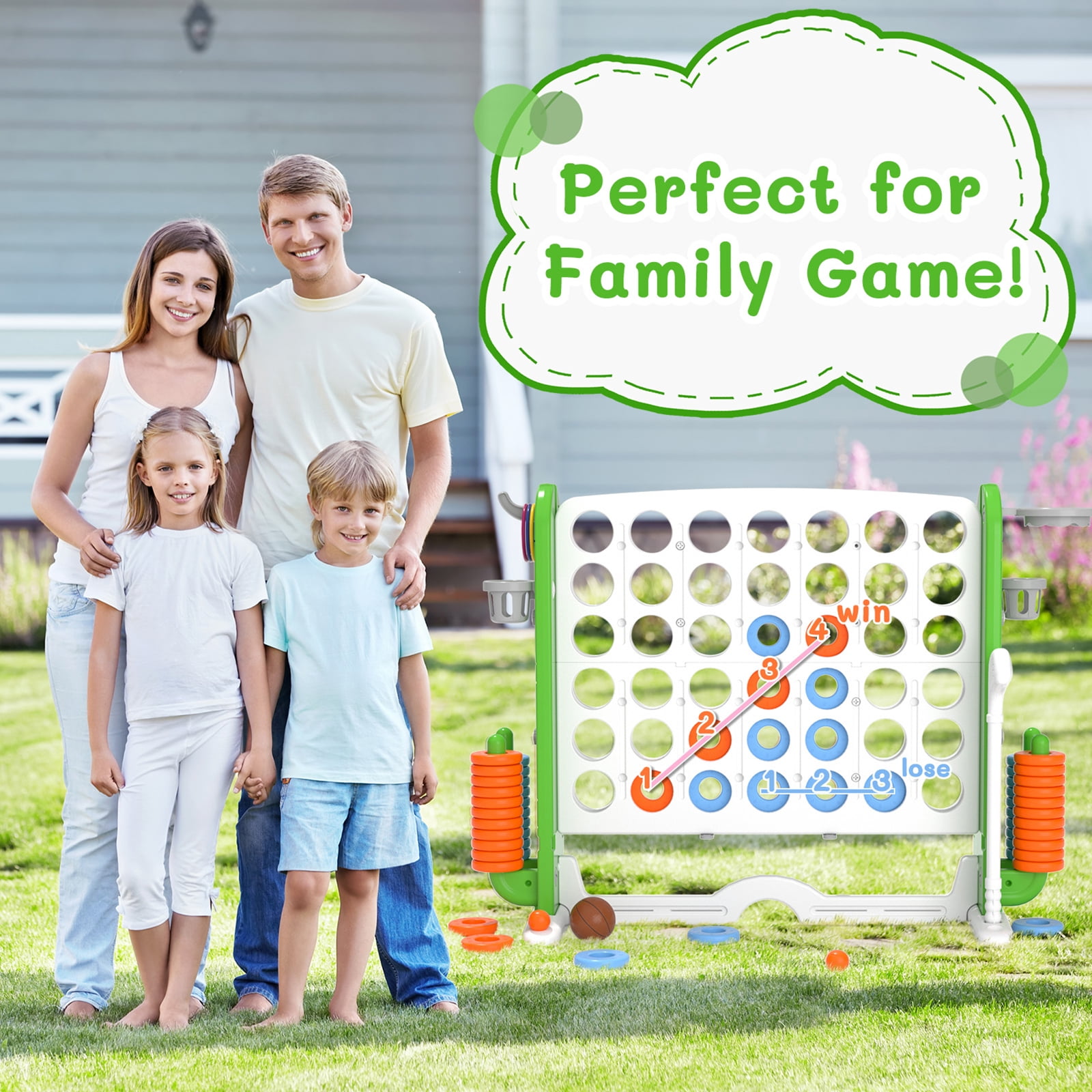 KORIMEFA Jumbo 4 in a Row Game,4-to-Score Giant Game Set for Kids & Adults,Adjustable Height (2.5-3.2FT) Connect Game with Quick-Release Slider, Indoor&Outdoor Family Party Games(White Green)