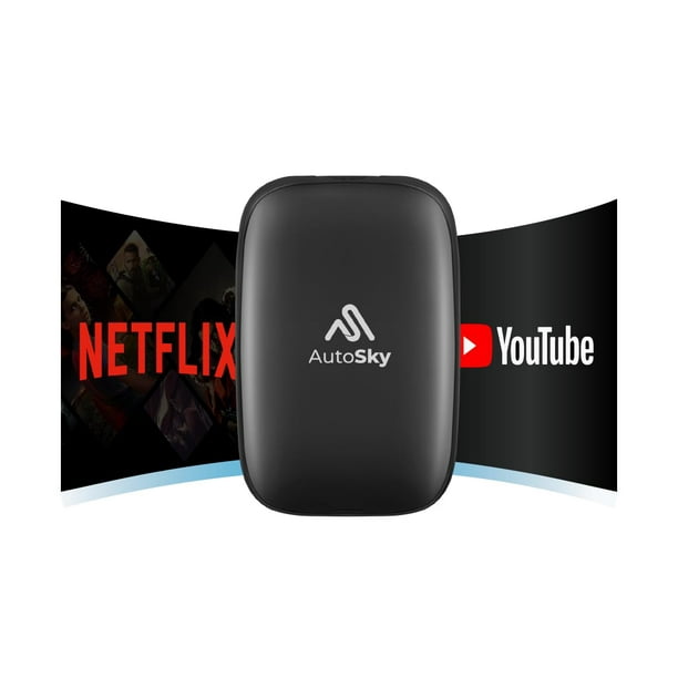 AutoSky Ai Box Lite Air: transmisión sobre la marcha, Netflix y Youtube en su automóvil. Convierta su CarPlay con cable en CarPlay inalámbrico o Android Auto. Se requiere HotSpot para la transmisión.