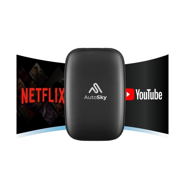 AutoSky Ai Box Lite Air: transmisión sobre la marcha, Netflix y Youtube en su automóvil. Convierta su CarPlay con cable en CarPlay inalámbrico o Android Auto. Se requiere HotSpot para la transmisión.