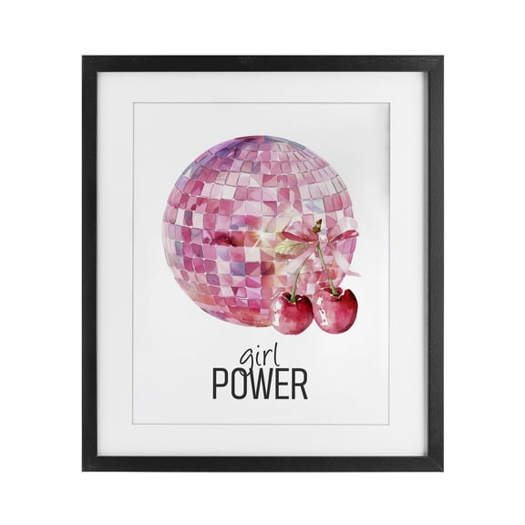 Girl Power Disco Cherries Black Framed Print Under Glass, design by Kim Allen