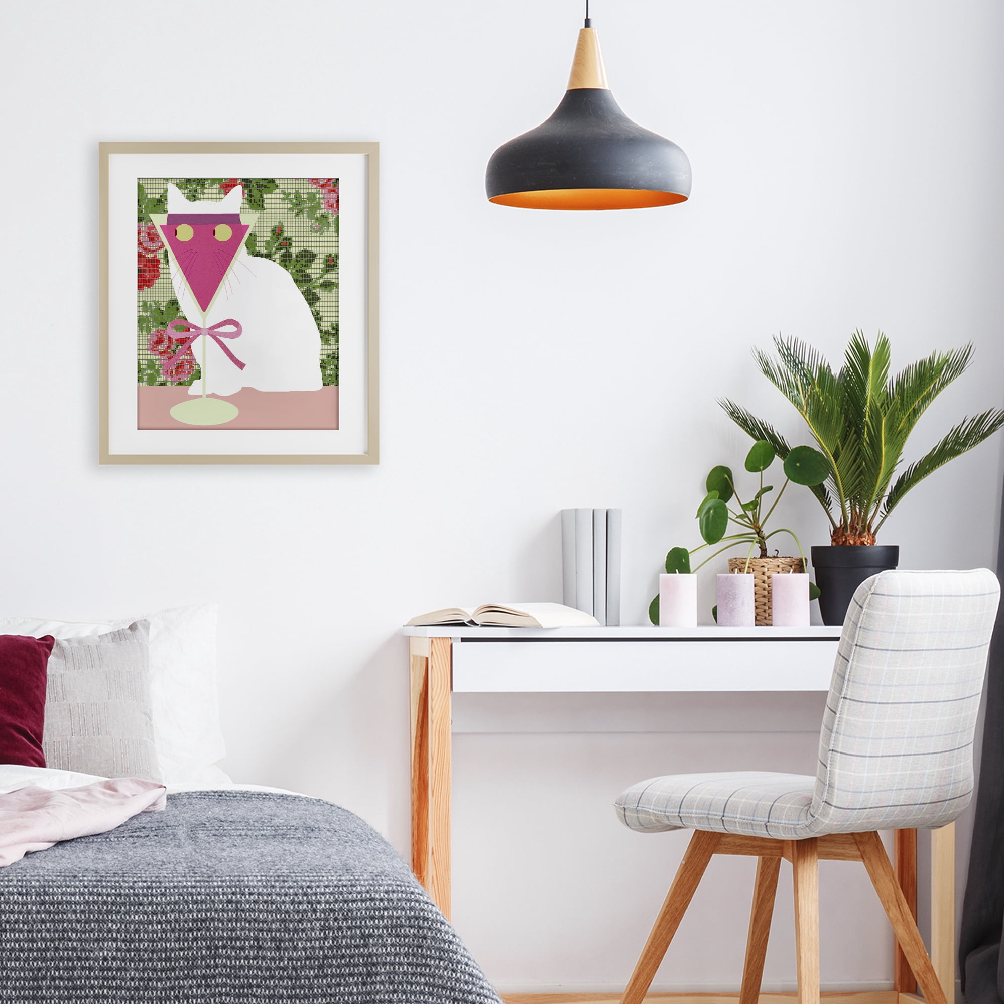 Stupell Industries White Cat with Pink Martini Birch Framed Print Under Glass, design by Lil' Rue